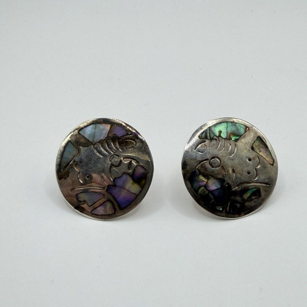 925 Sterling Silver Abalone Inlay Round Earrings Figural Design 7.2g